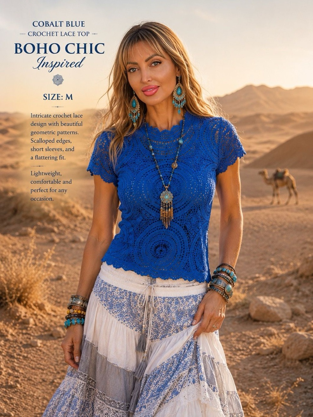 Cobalt Blue Crochet Lace Short Sleeve Top